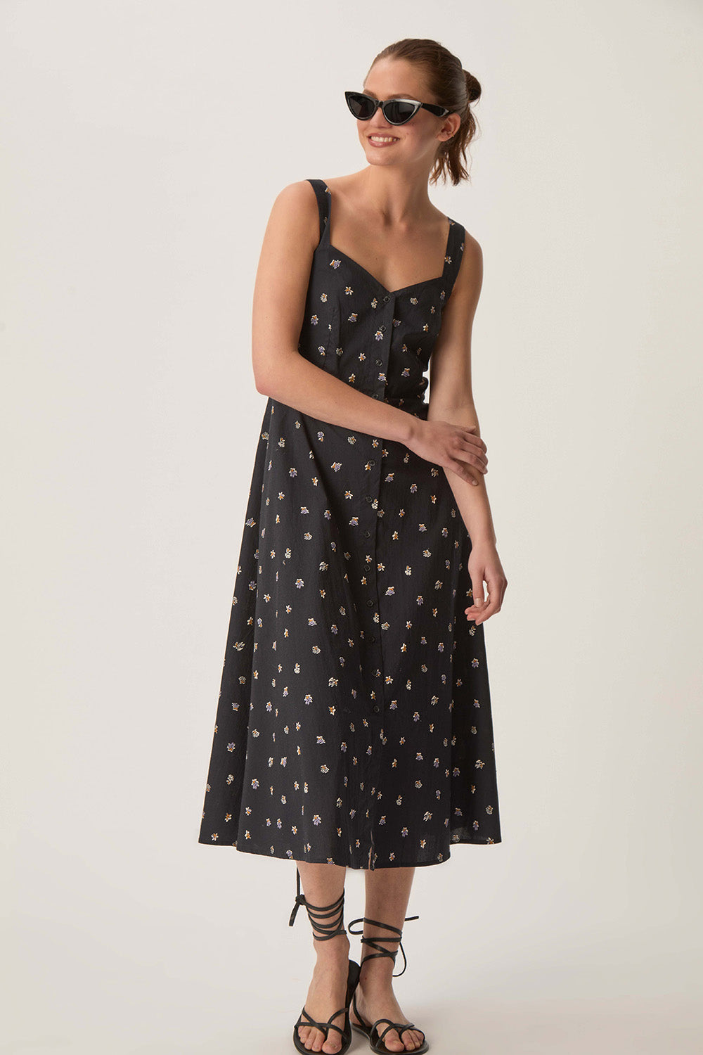 Robe Midi Noire à Fleurs Robe Vintage pour Femme Des Petits Hauts