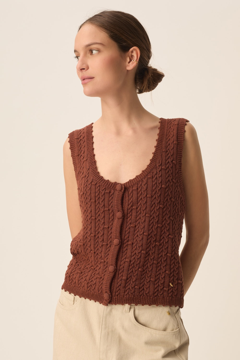 Top Sans Manches Tricotage Fantaisie Coton Marron - Azora Choco