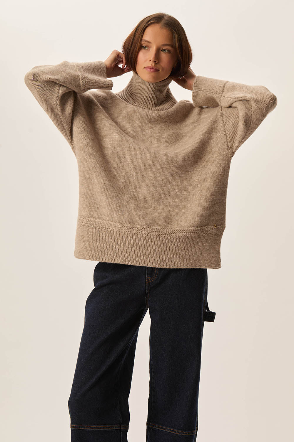 Pull Col Montant Laine Mérinos Et Baby Alpaga Beige Barette Loup