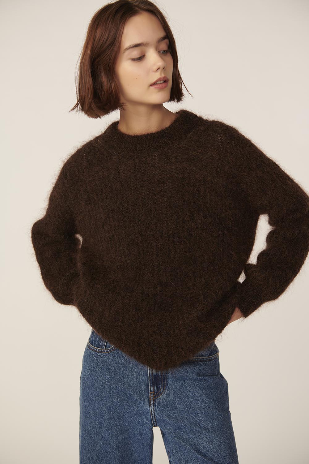 Pull Col Rond Kid Mohair Et Laine Mérinos Marron Foncé Burma