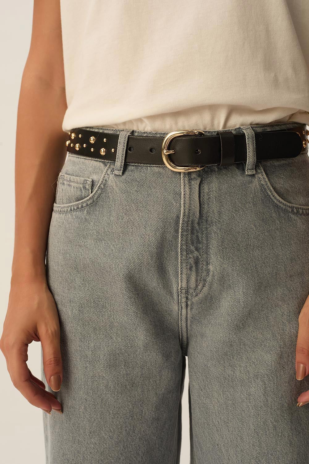 Ceinture En Cuir Noir Cloutée LE TEMPS DES CERISES - Taille 85 - Occasion - Accessoire Rock Et Vintage