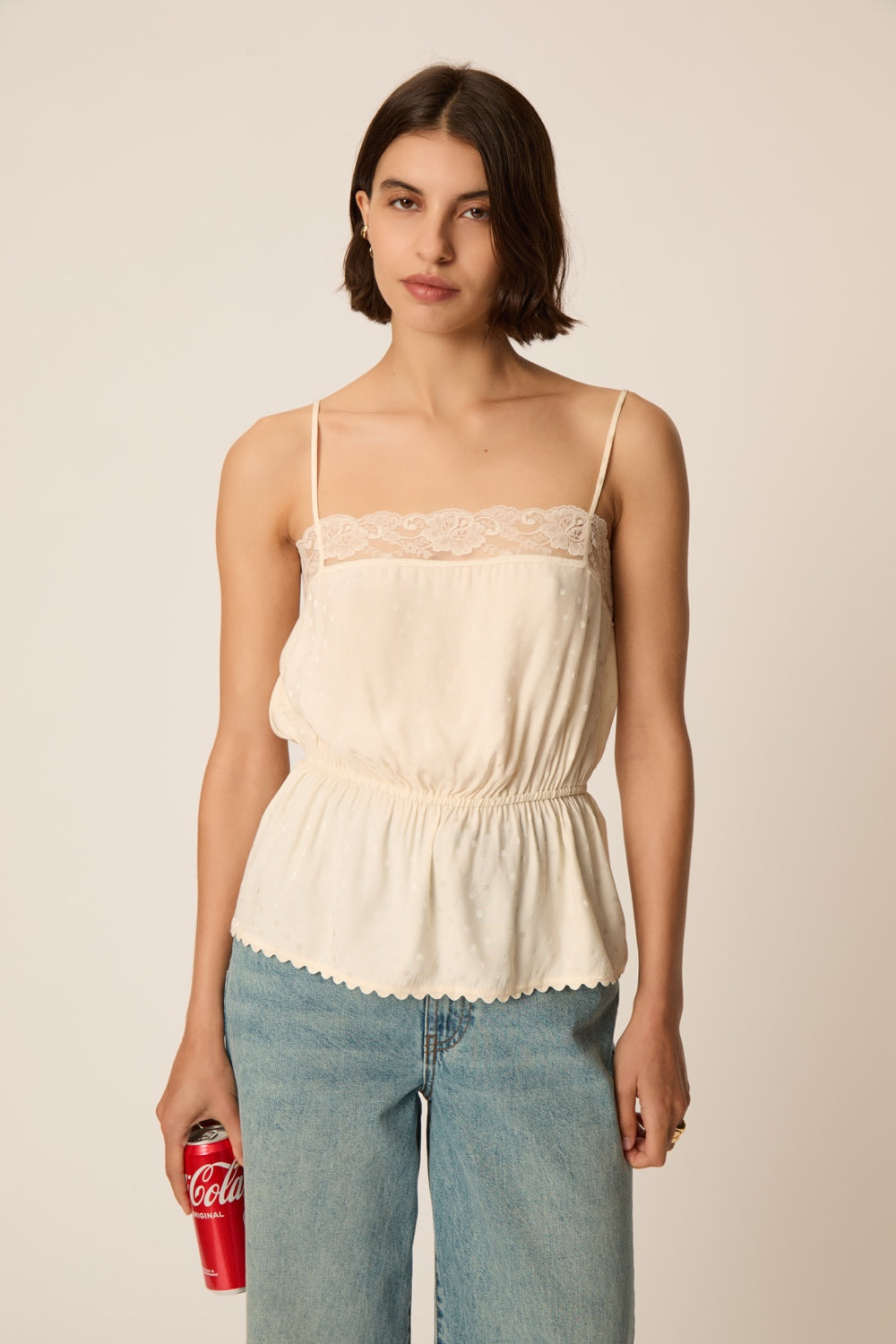 Top nuisette satiné à pois viscose écru - Evyna Ecru - Des Petits