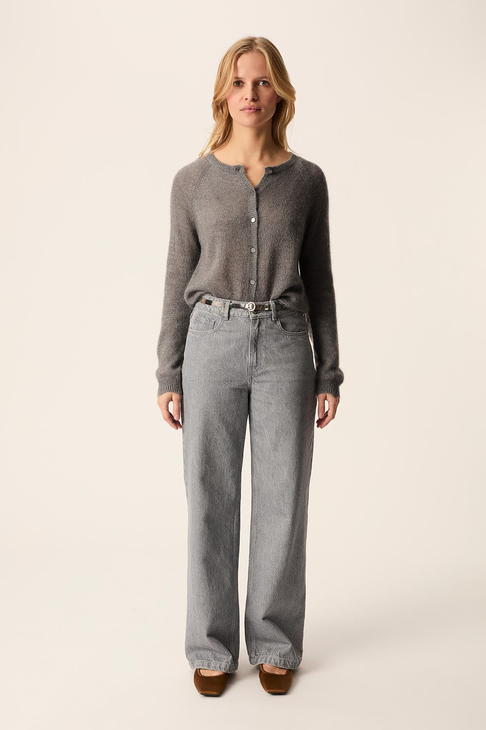 Gilet Boutonné Kid Mohair Et Soie Gris Clair - Binette Souris