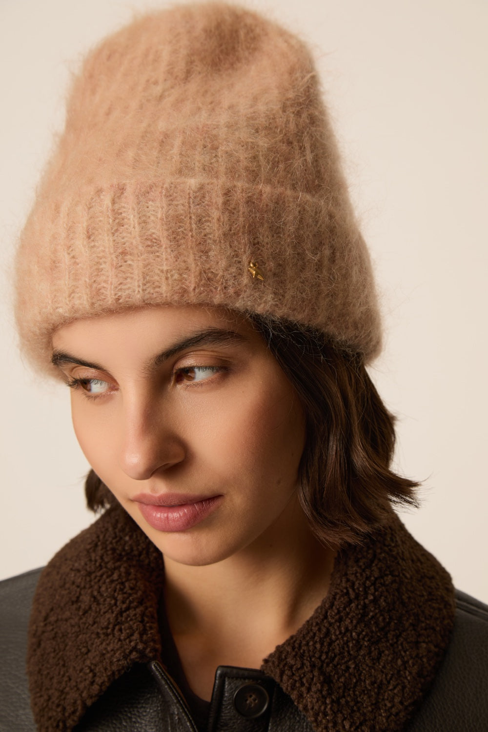 Bonnet à large revers Kid Mohair et laine mérinos beige foncé