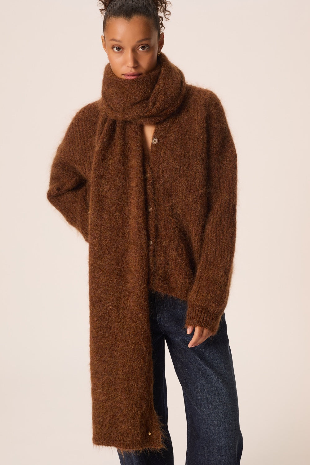Écharpe longue Kid Mohair et laine mérinos marron