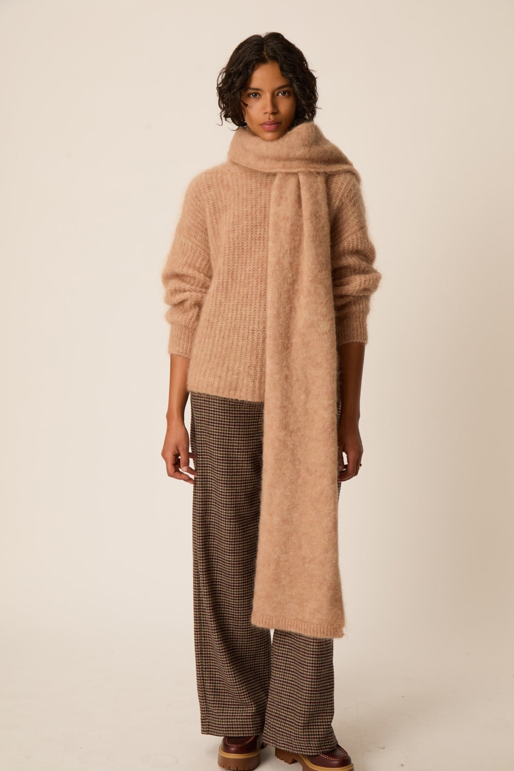 Écharpe longue Kid Mohair et laine mérinos beige foncé