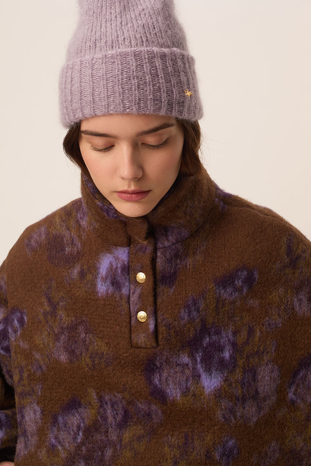 Bonnet large revers Kid Mohair et laine mérinos violet