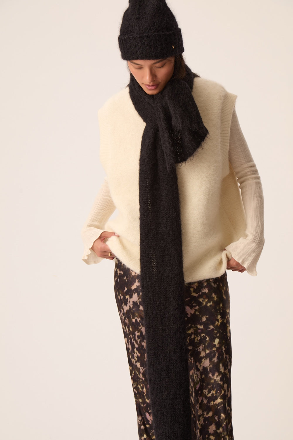 Écharpe longue Kid Mohair et laine mérinos noire