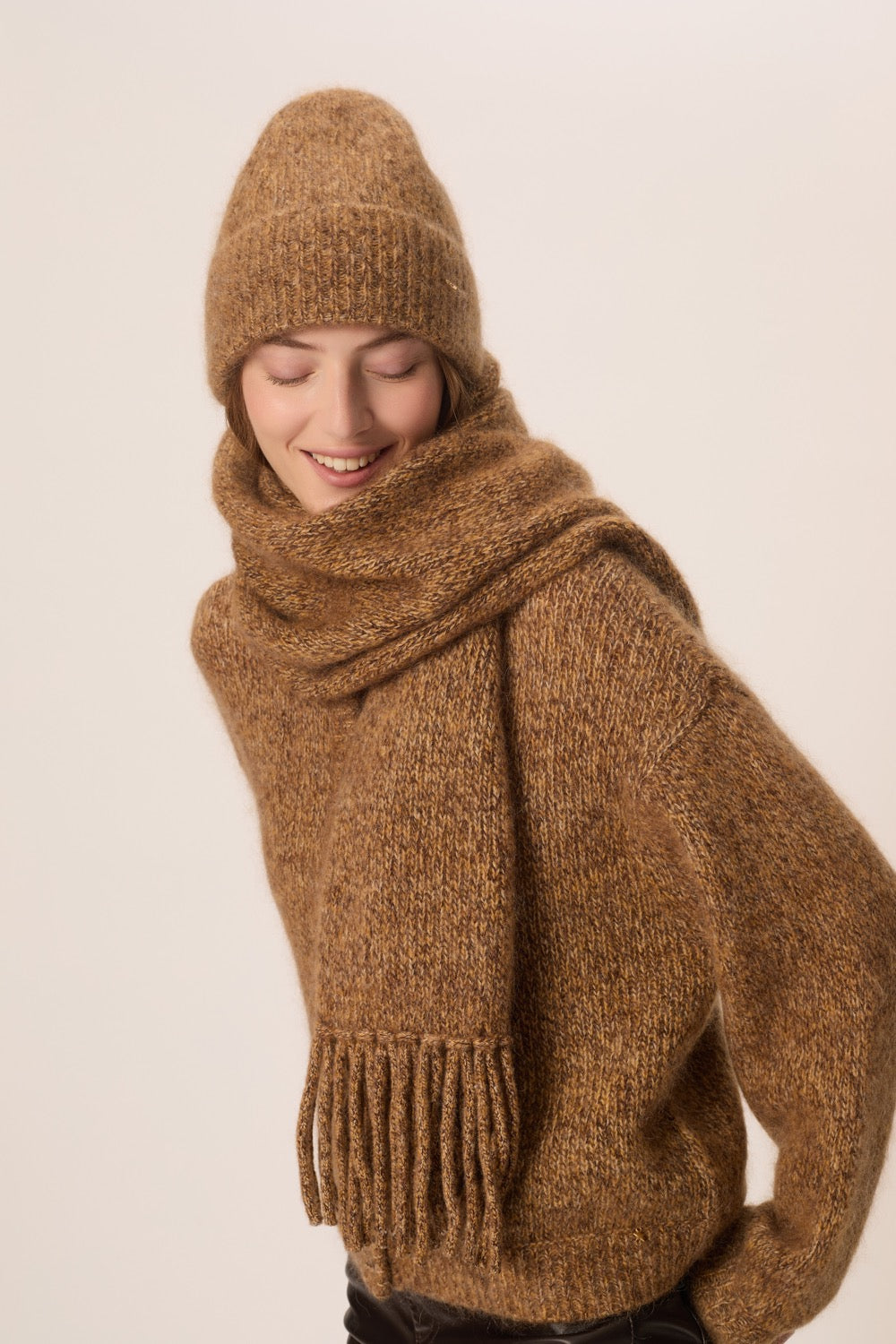 Écharpe longue à franges Kid Mohair et laine marron