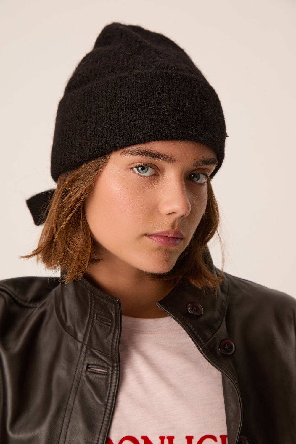 Bonnet à revers laine et alpaga noir