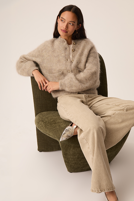 Gilet col montant manches longues Kid Mohair et laine mérinos gris
