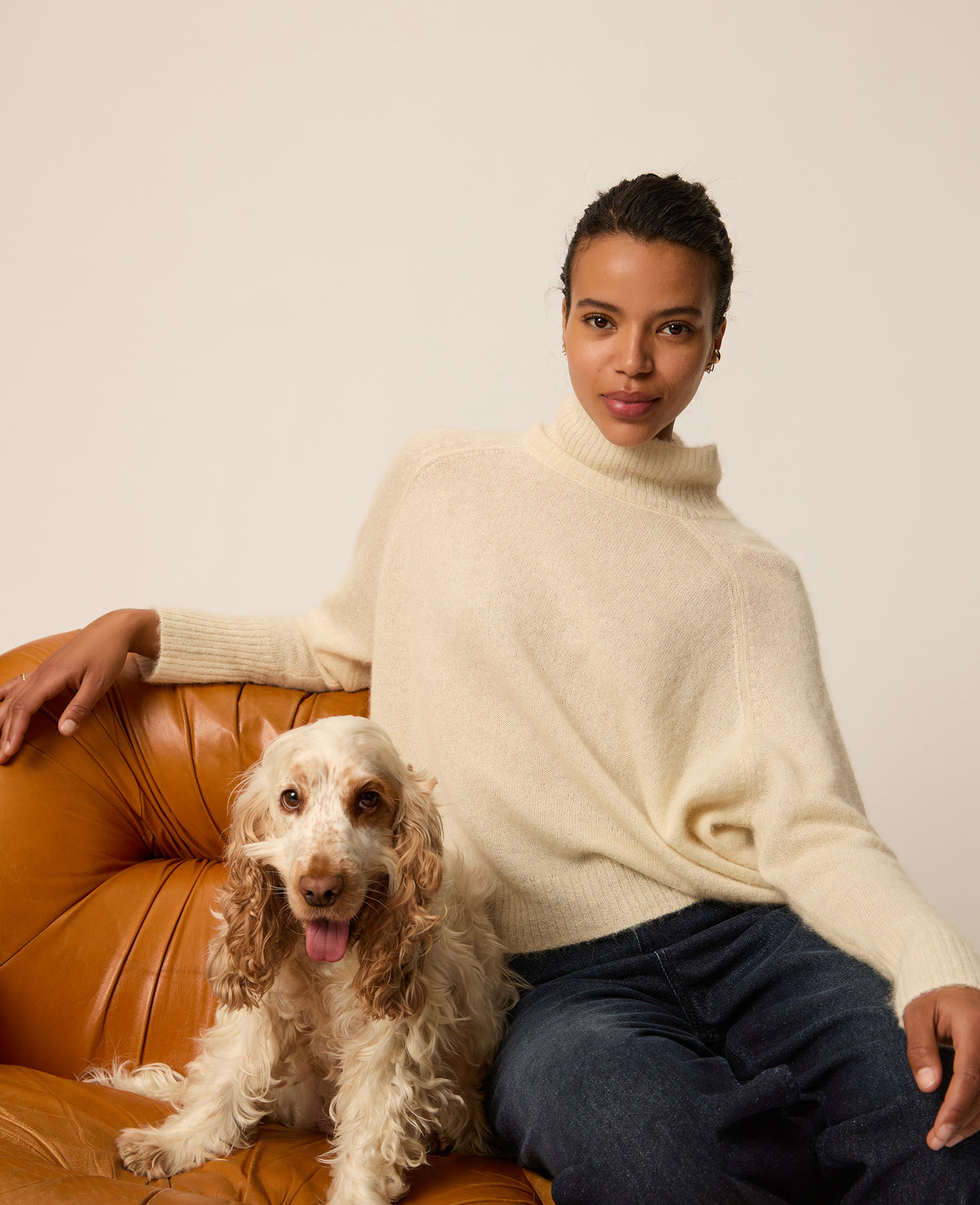 Pull col montant baby alpaga et soie blanc crème